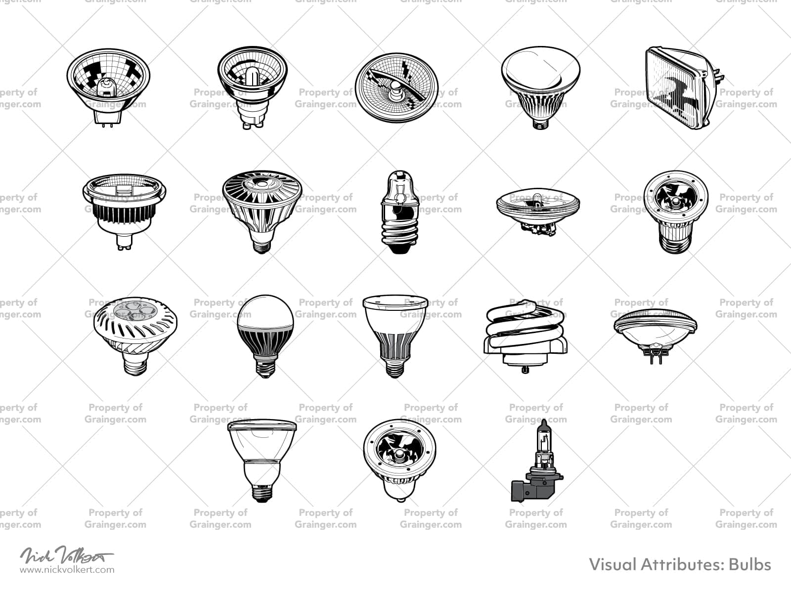 A selection of technical line art drawings of a variety of light bulbs with different bulb shapes as a search and browse graphic for Grainger dot com.