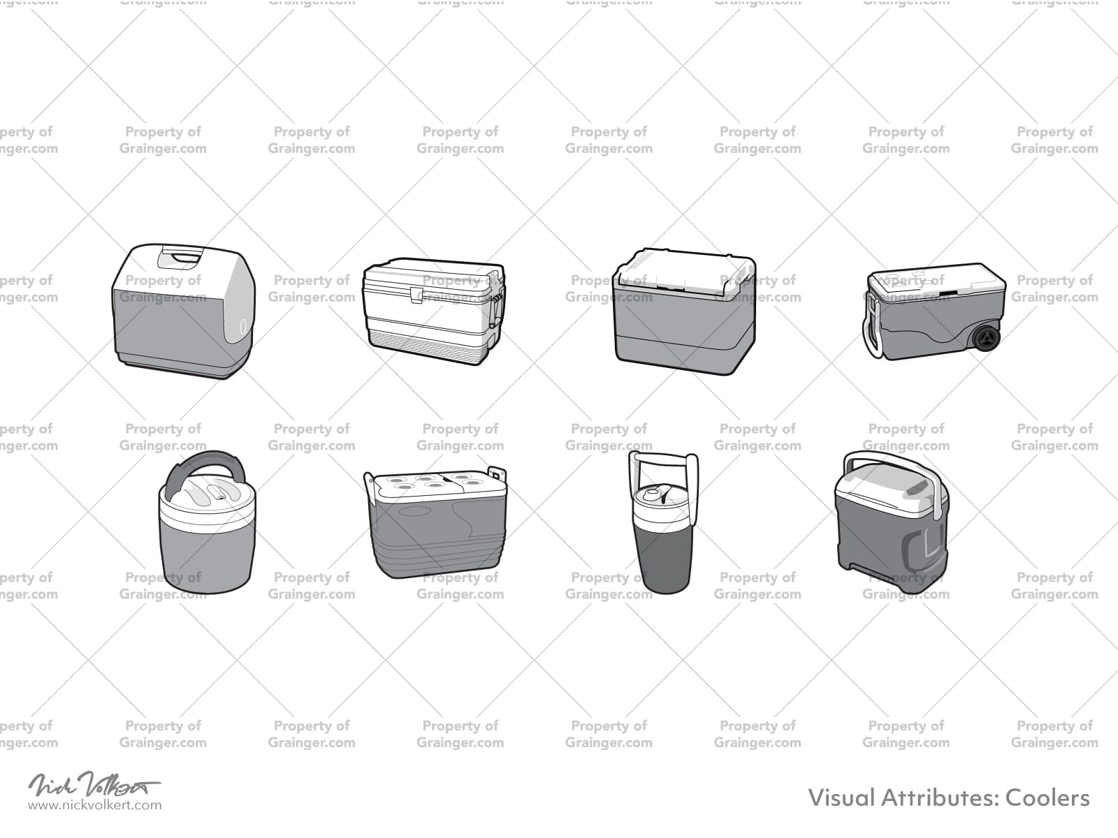 A selection of technical line art drawings of a variety of coolers and drink holders in grayscale for search and browse graphic for Grainger dot com.