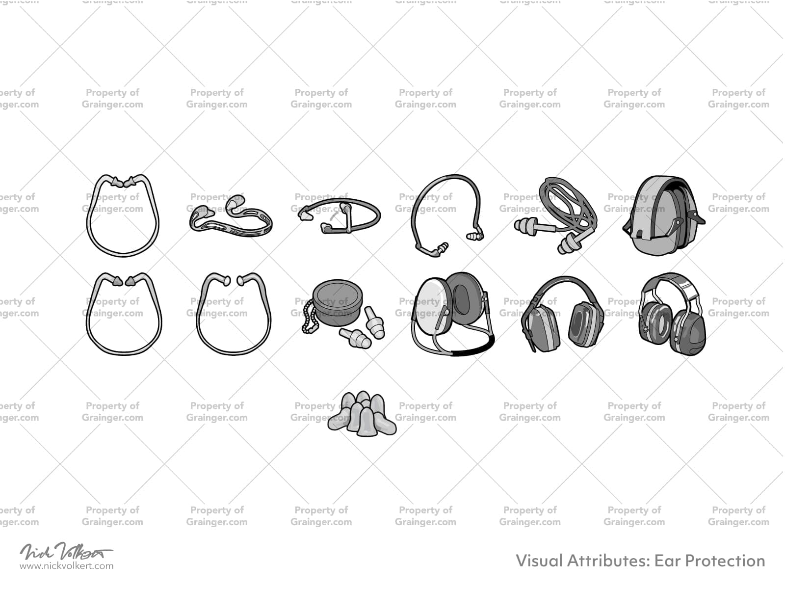 A selection of technical line art drawings of a variety of hearing protection in grayscale for search and browse graphic for Grainger dot com.
