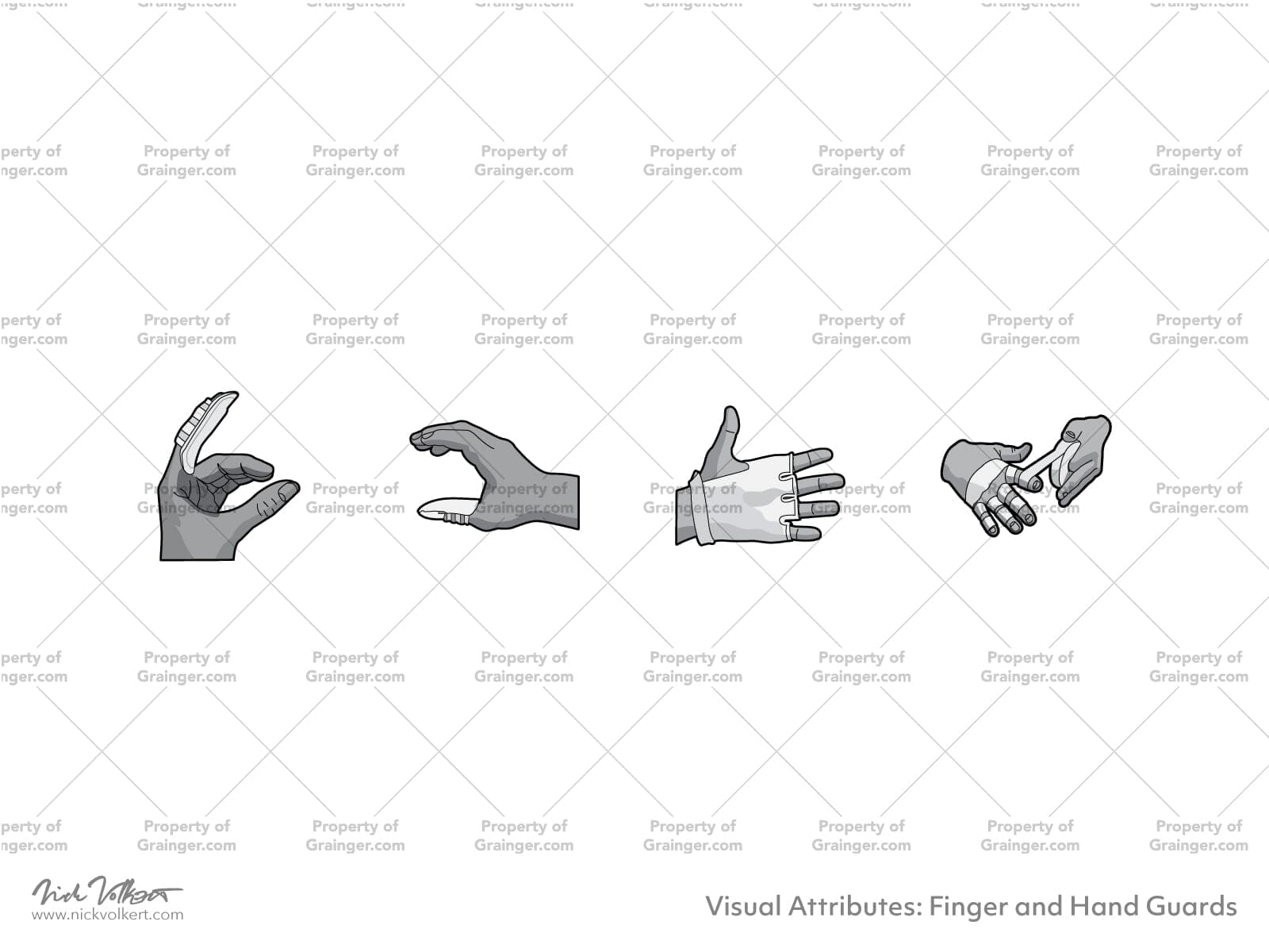 A selection of technical line art drawings of a variety of finger and hand guards in grayscale for search and browse graphic for Grainger dot com.