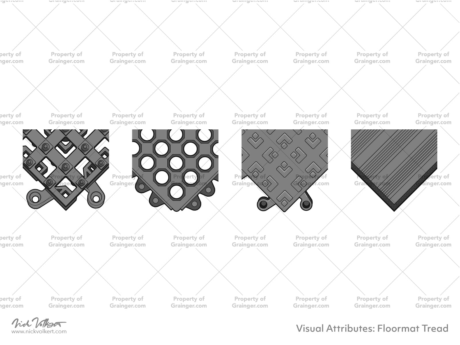 A selection of technical line art drawings of a variety of treads for floor mats in grayscale for search and browse graphic for Grainger dot com.