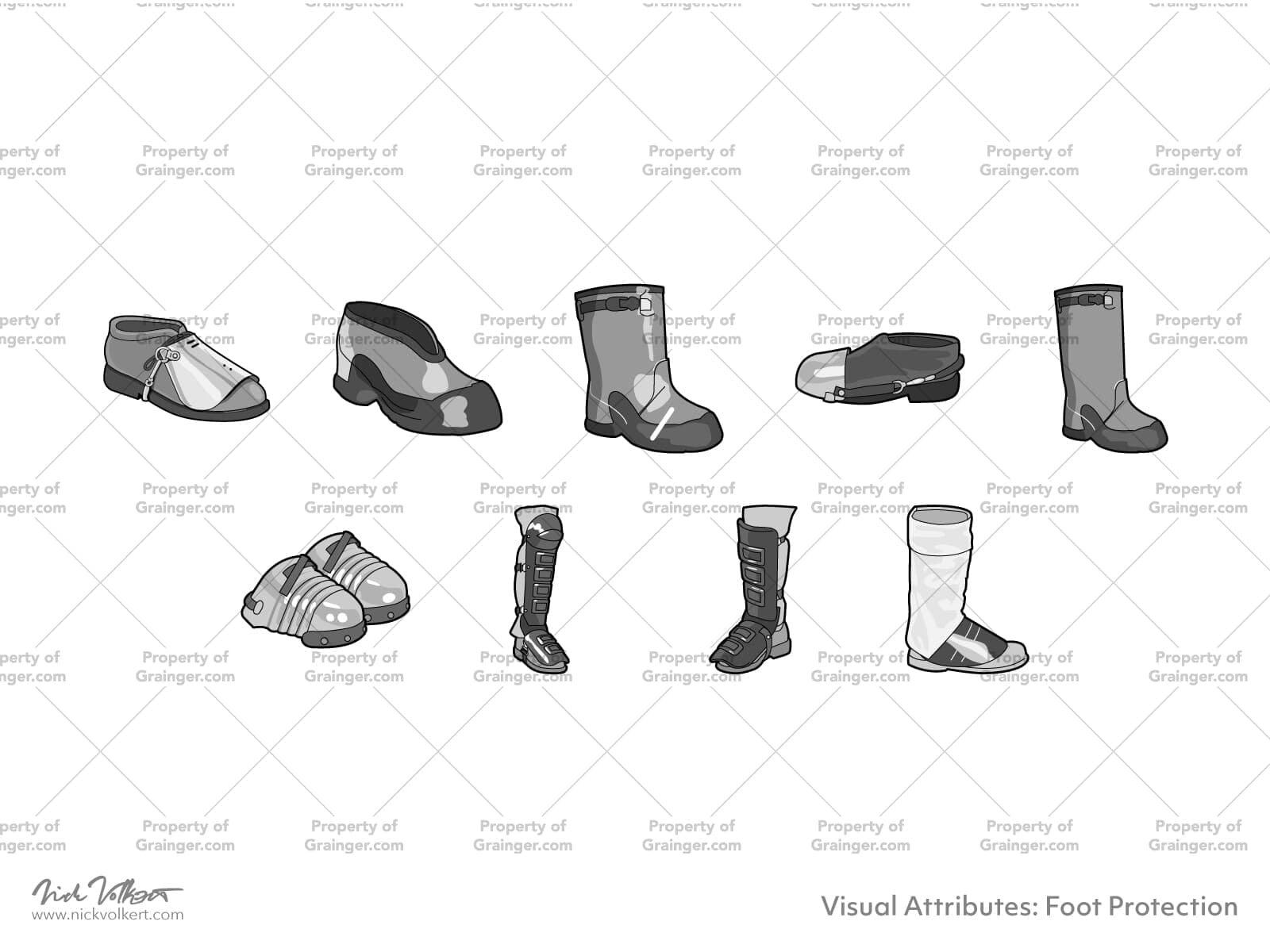A selection of technical line art drawings of a variety of foot protection for factories in grayscale for search and browse graphic for Grainger dot com.