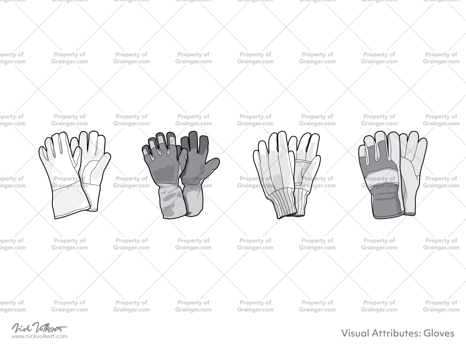 A selection of technical line art drawings of a variety of work gloves in grayscale for search and browse graphic for Grainger dot com.