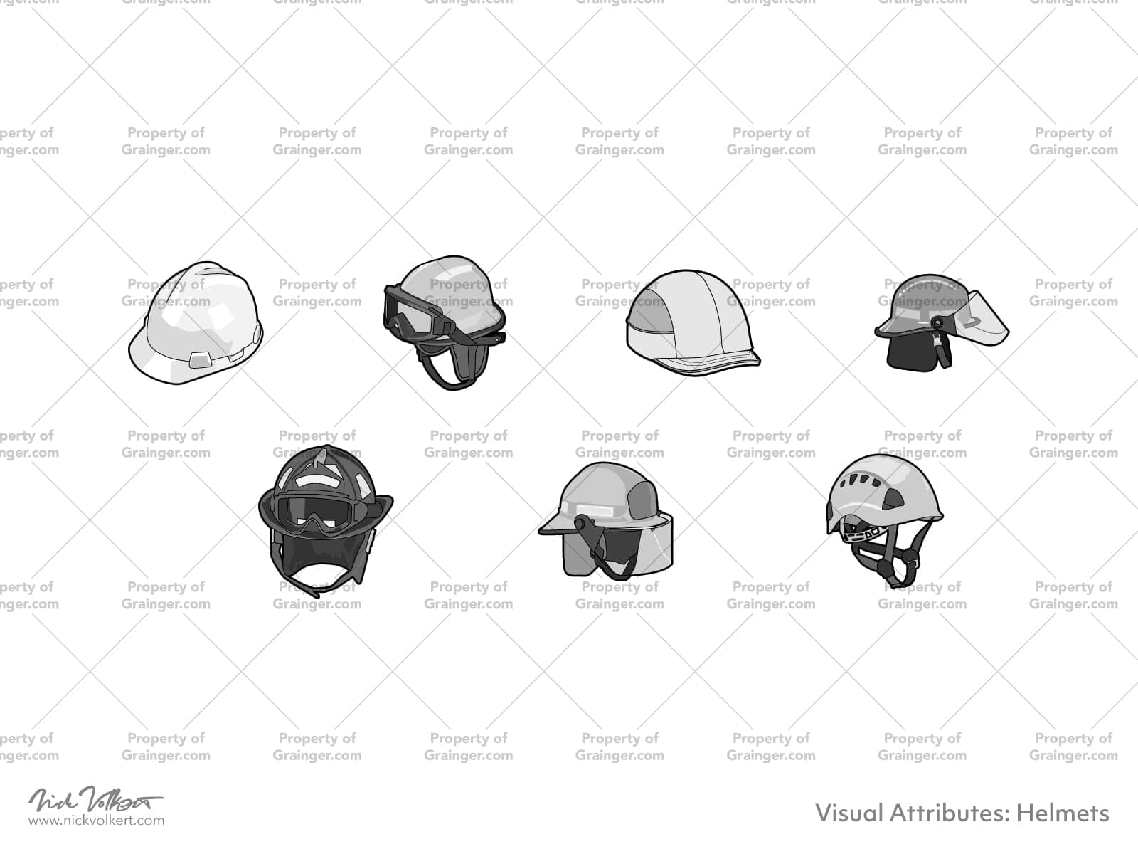 A selection of technical line art drawings of helmets for a variety of professions in grayscale for search and browse graphic for Grainger dot com.