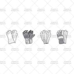 A selection of technical line art drawings of a variety of work gloves in grayscale for search and browse graphic for Grainger dot com.