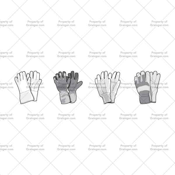 A selection of technical line art drawings of a variety of work gloves in grayscale for search and browse graphic for Grainger dot com.