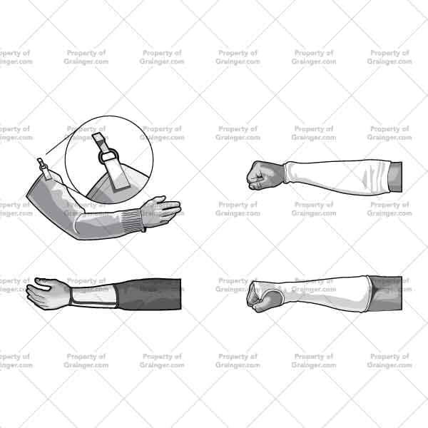 A selection of technical line art drawings of various arm protectors in grayscale for search and browse graphic for Grainger dot com.