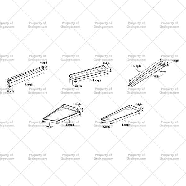 A selection of technical line art drawings in black and white of light ballasts illustrating their dimensions as a search and browse graphic for Grainger.