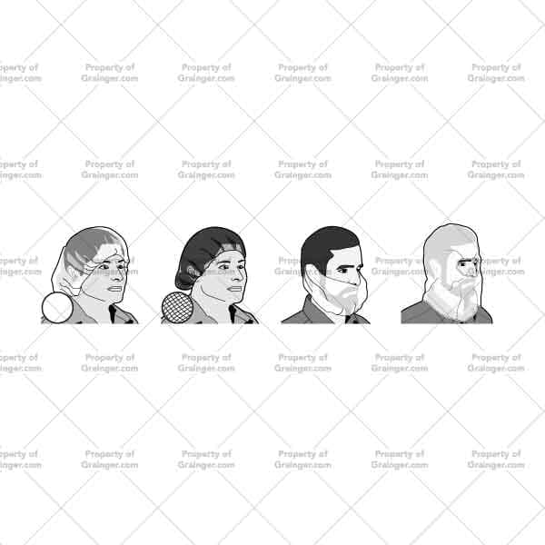 A selection of line art drawings in grayscale of beard and hair nets as a search and browse graphic for Grainger.