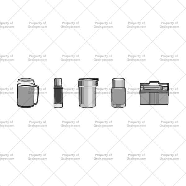 A selection of line art drawings in grayscale of a group of beverage holders and coolers as a search and browse graphic for Grainger.