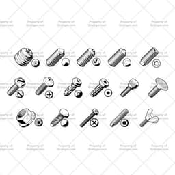 A selection of technical line art drawings of a variety of bolts and screws with different head types as a search and browse graphic for Grainger dot com.