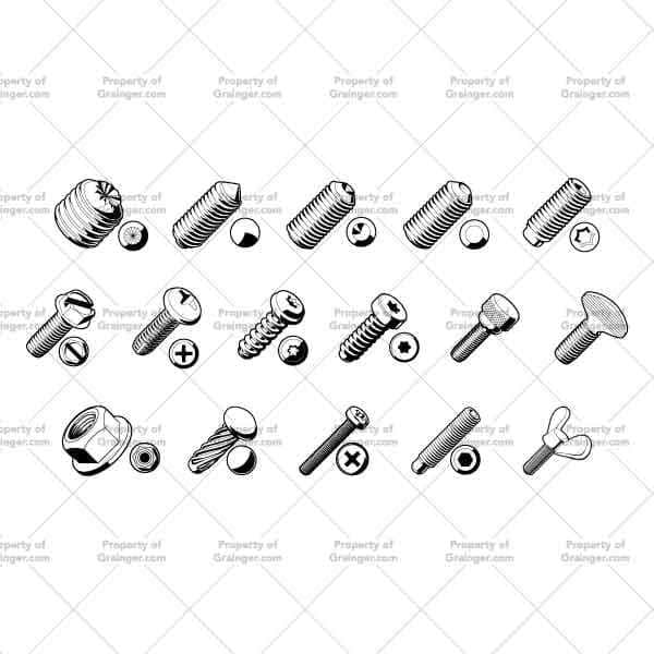 A selection of technical line art drawings of a variety of bolts and screws with different head types as a search and browse graphic for Grainger dot com.