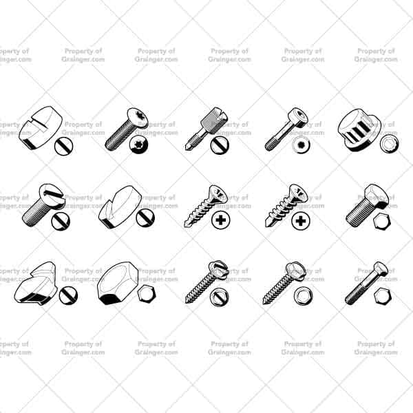 A selection of technical line art drawings of a variety of bolts and screws as a visual categorical search and browse graphic for Grainger dot com.