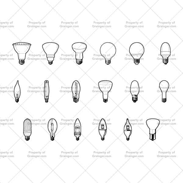 A selection of technical line art drawings of a variety of interior type light bulbs as a search and browse graphic for Grainger dot com.