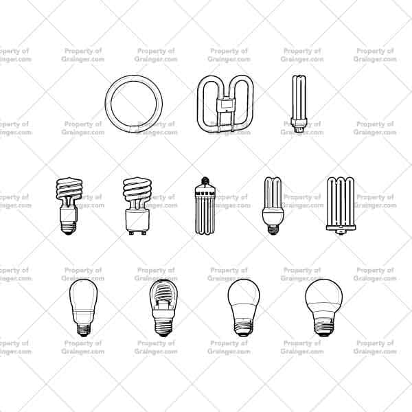 A selection of technical line art drawings of a variety of LED-type light bulbs as a search and browse graphic for Grainger dot com.