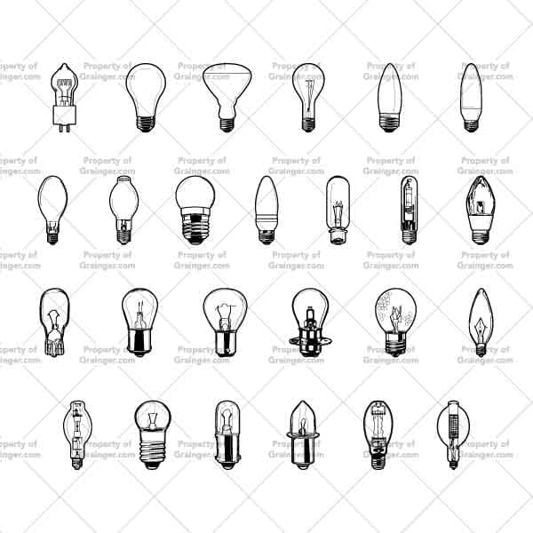 A selection of technical line art drawings of a smaller type device light bulbs as a search and browse graphic for Grainger dot com.