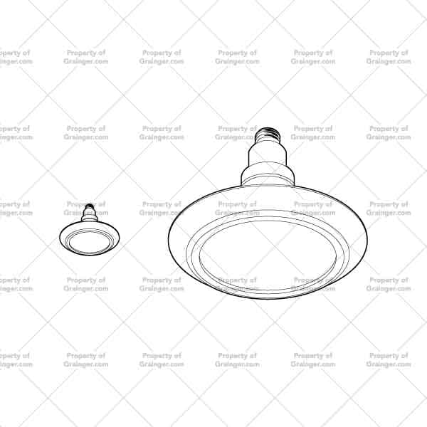 A selection of technical line art drawings of a single flat headed light bulb at different scales as a search and browse graphic for Grainger dot com.
