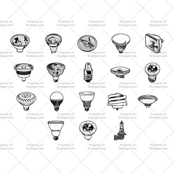 A selection of technical line art drawings of a variety of light bulbs with different bulb shapes as a search and browse graphic for Grainger dot com.