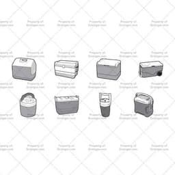 A selection of technical line art drawings of a variety of coolers and drink holders in grayscale for search and browse graphic for Grainger dot com.