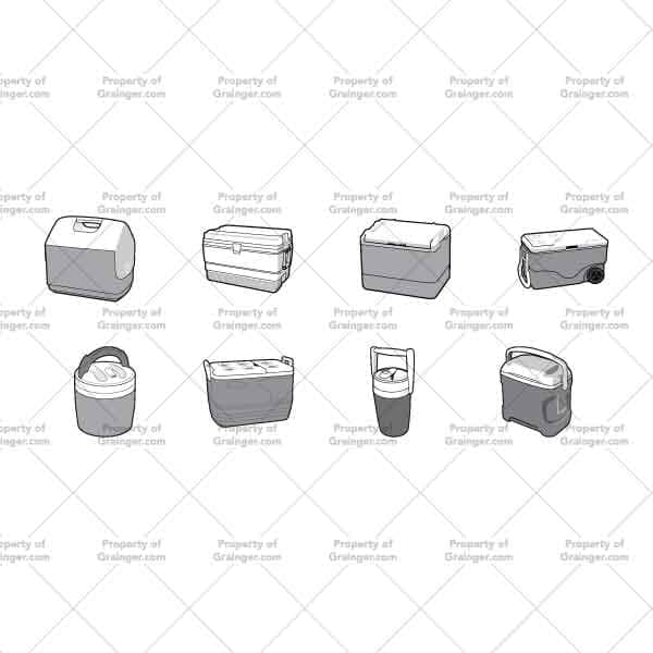 A selection of technical line art drawings of a variety of coolers and drink holders in grayscale for search and browse graphic for Grainger dot com.