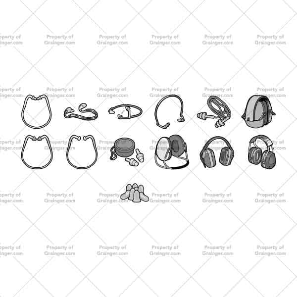 A selection of technical line art drawings of a variety of hearing protection in grayscale for search and browse graphic for Grainger dot com.