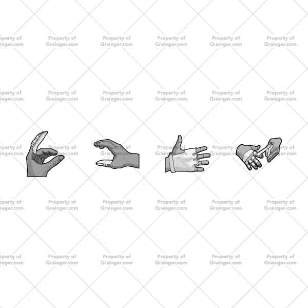 A selection of technical line art drawings of a variety of finger and hand guards in grayscale for search and browse graphic for Grainger dot com.