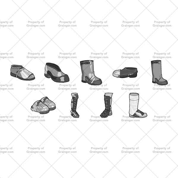 A selection of technical line art drawings of a variety of foot protection for factories in grayscale for search and browse graphic for Grainger dot com.