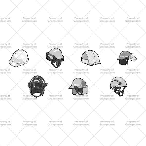 A selection of technical line art drawings of helmets for a variety of professions in grayscale for search and browse graphic for Grainger dot com.