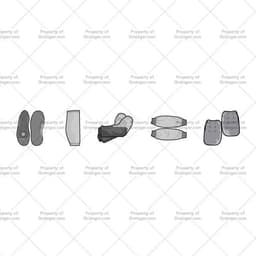 A selection of technical line art drawings in grayscale of knee pads and arm protectors as a search and browse graphic for Grainger dot com.
