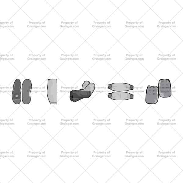 A selection of technical line art drawings in grayscale of knee pads and arm protectors as a search and browse graphic for Grainger dot com.