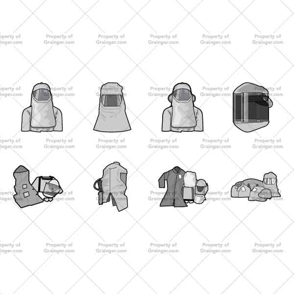 A selection of technical line art drawings of protective masks in grayscale for search and browse graphic for Grainger dot com.