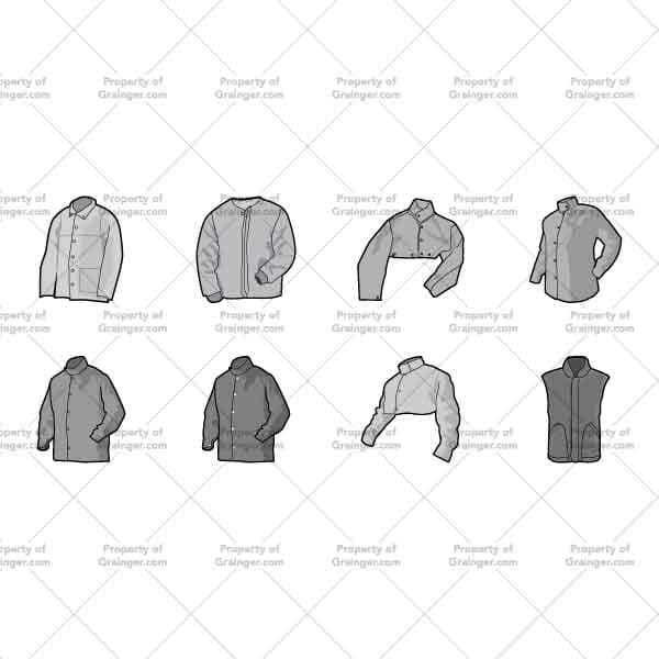 A selection of technical line art drawings of protective shirts in grayscale for search and browse graphic for Grainger dot com.