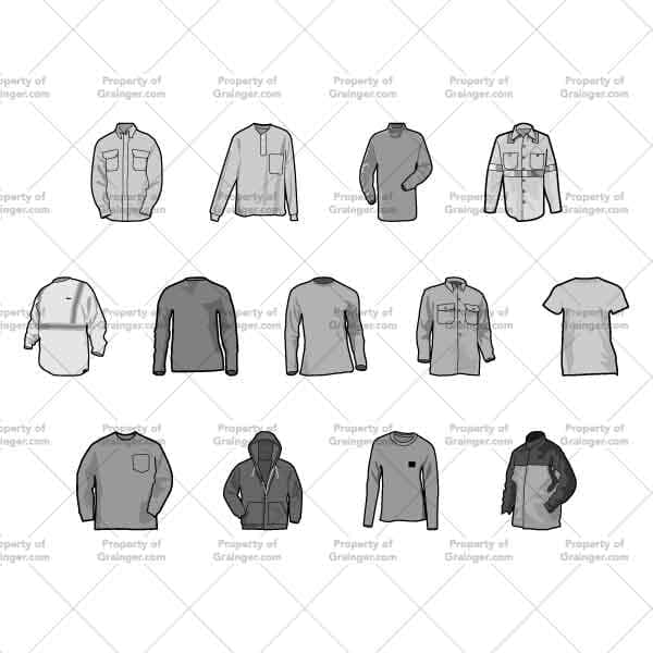 A selection of technical line art drawings of safety-related reflective shirts in grayscale for search and browse graphic for Grainger dot com.