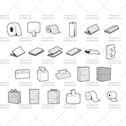 A selection of technical line art drawings of toiletries and paper products in grayscale for search and browse graphic for Grainger dot com.