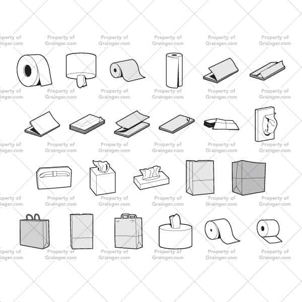 A selection of technical line art drawings of toiletries and paper products in grayscale for search and browse graphic for Grainger dot com.