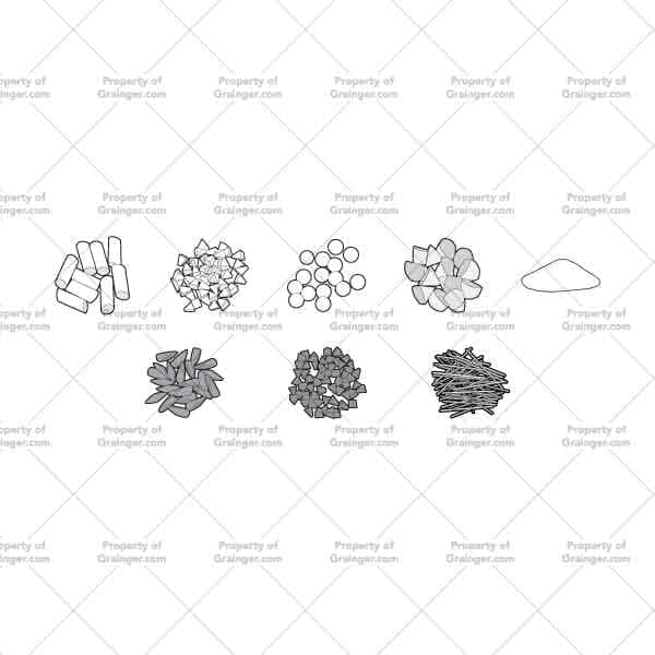 A selection of technical line art drawings of tumbler materials and abrasives in grayscale for search and browse graphic for Grainger dot com.