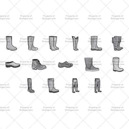 A selection of technical line art drawings of waders and work boots in grayscale for search and browse graphic for Grainger dot com.