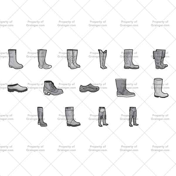 A selection of technical line art drawings of waders and work boots in grayscale for search and browse graphic for Grainger dot com.