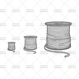 A selection of technical line art drawings of wire spindles at different scales in grayscale for search and browse graphic for Grainger dot com.