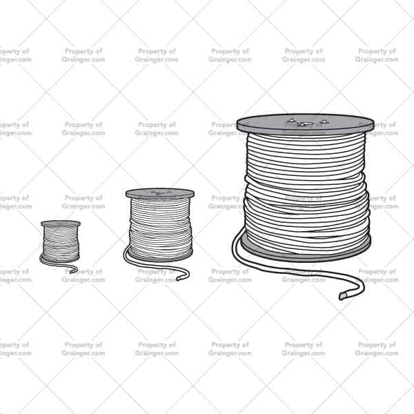 A selection of technical line art drawings of wire spindles at different scales in grayscale for search and browse graphic for Grainger dot com.