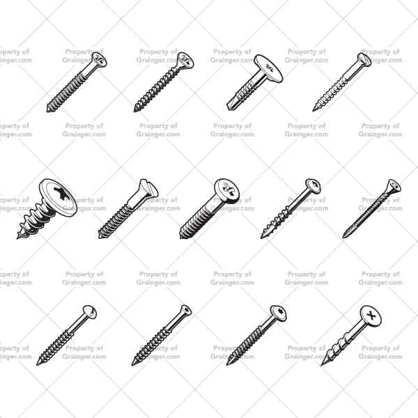 A selection of technical line art drawings of types of wood screws at different scales in grayscale for search and browse graphic for Grainger dot com.