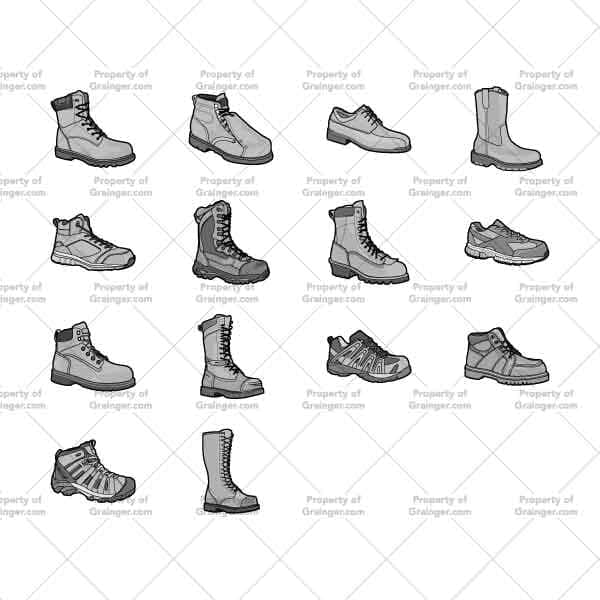 A selection of technical line art drawings of work boots in grayscale for search and browse graphic for Grainger dot com.