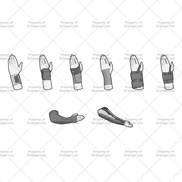 A selection of technical line art drawings of wrist protection in grayscale for search and browse graphic for Grainger dot com.