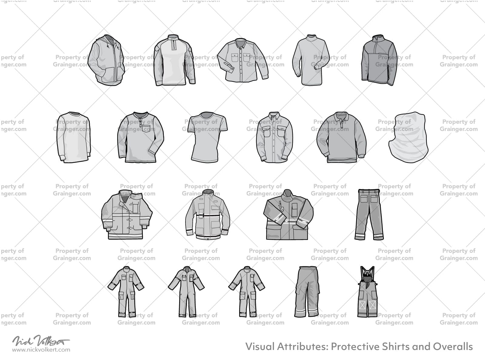 A selection of technical line art drawings of protective shirts and overalls in grayscale for search and browse graphic for Grainger dot com.