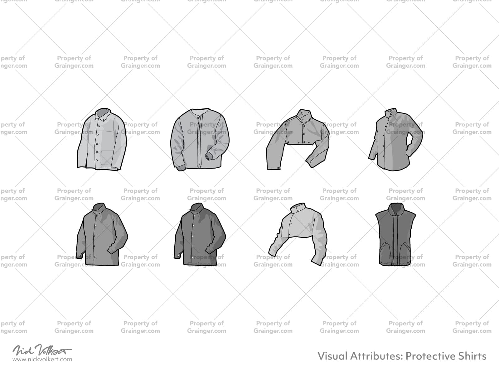 A selection of technical line art drawings of protective shirts in grayscale for search and browse graphic for Grainger dot com.