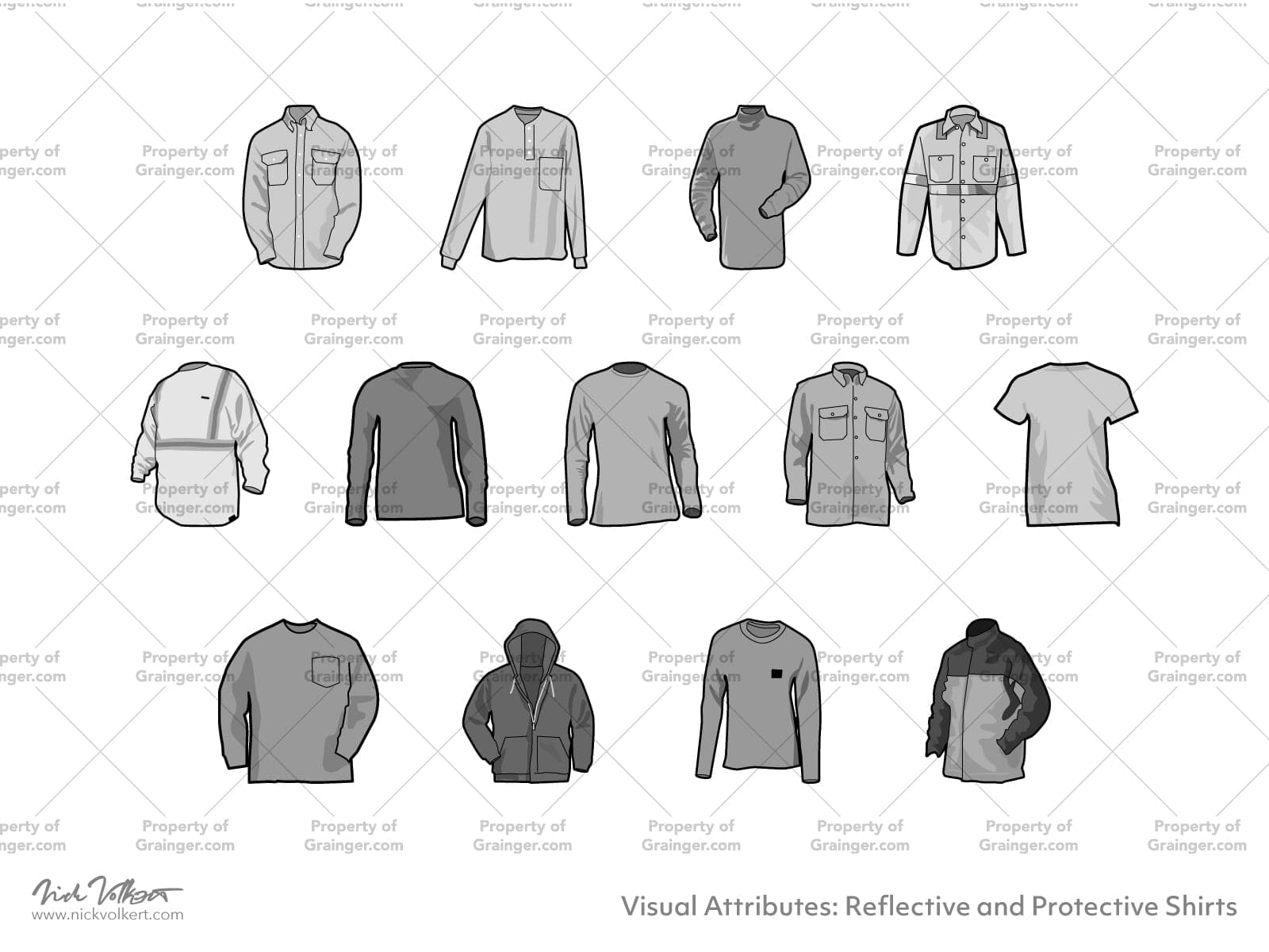 A selection of technical line art drawings of safety-related reflective shirts in grayscale for search and browse graphic for Grainger dot com.