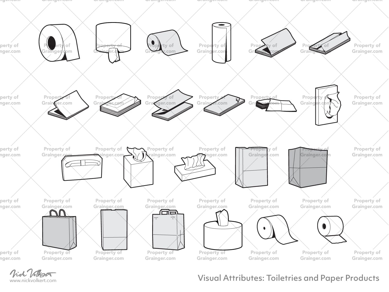 A selection of technical line art drawings of toiletries and paper products in grayscale for search and browse graphic for Grainger dot com.