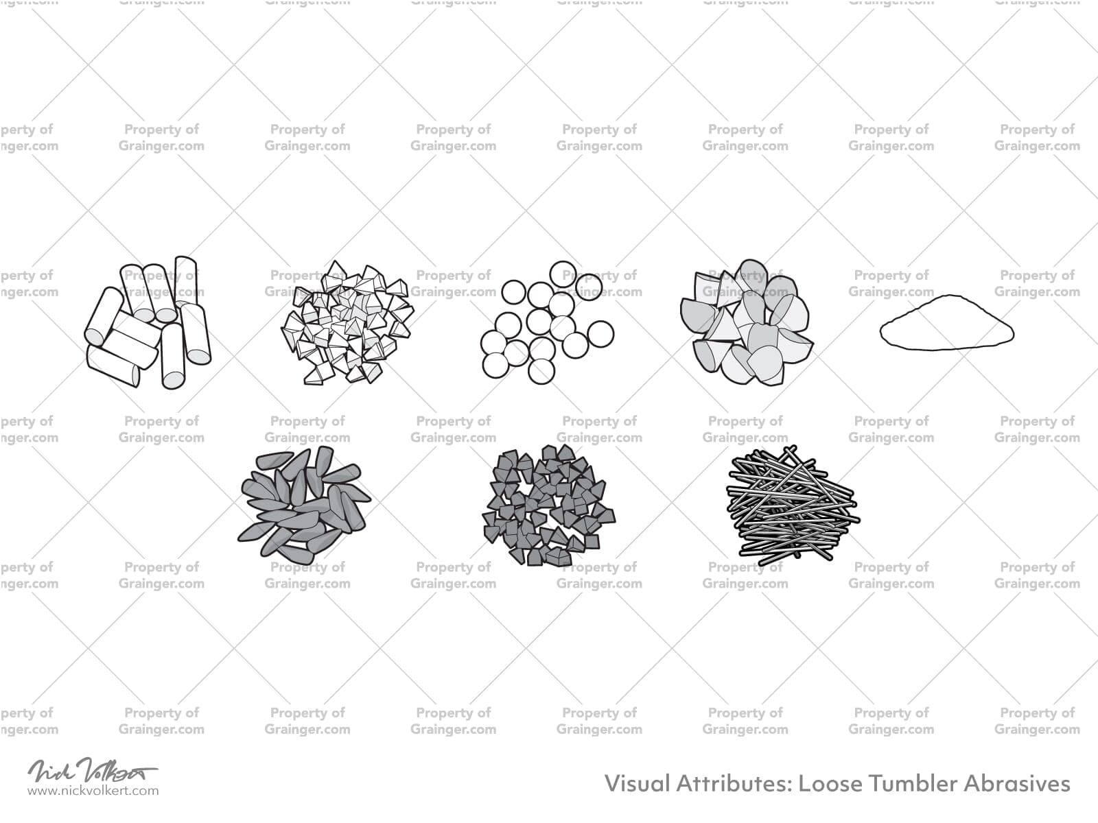 A selection of technical line art drawings of tumbler materials and abrasives in grayscale for search and browse graphic for Grainger dot com.