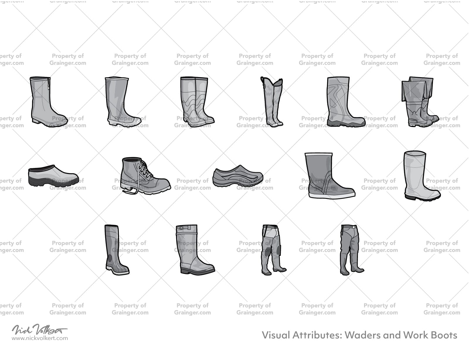 A selection of technical line art drawings of waders and work boots in grayscale for search and browse graphic for Grainger dot com.