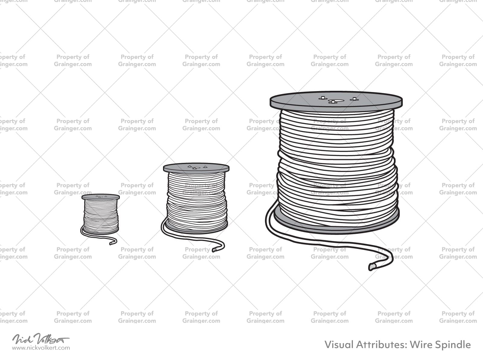 A selection of technical line art drawings of wire spindles at different scales in grayscale for search and browse graphic for Grainger dot com.
